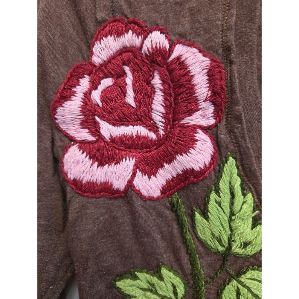 Joystick Johnny Was Roses Floral Hand Embroidered Top Sz M T-shirt Brown Boho - Picture 5 of 13